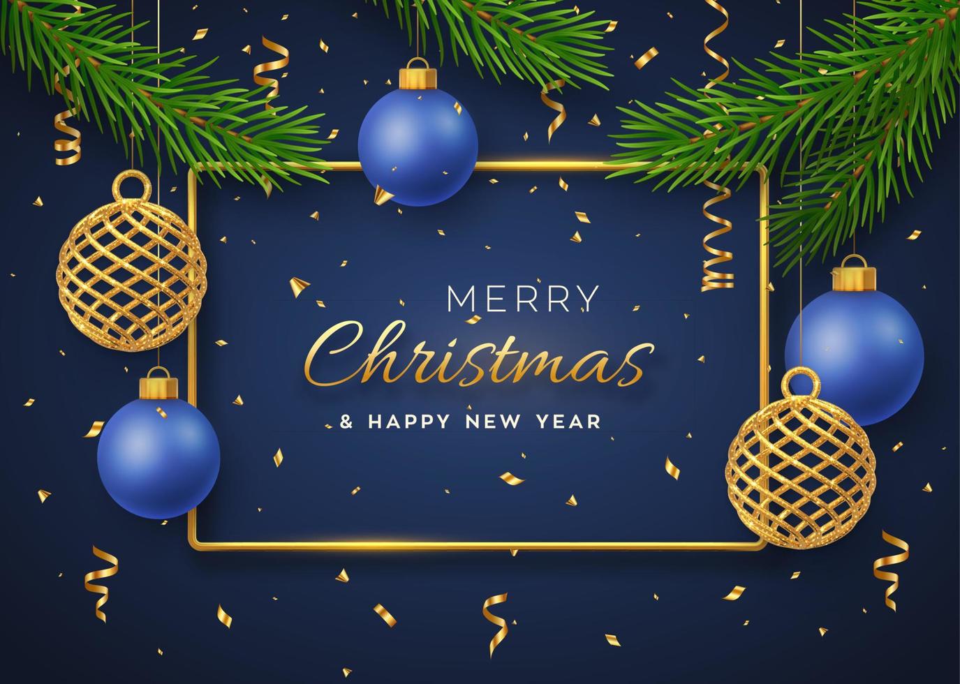 Christmas background with hanging shining golden and blue balls, gold metallic frame, and pine branches. Merry christmas greeting card. Holiday Xmas and New Year poster, cover, banner. Vector. vector