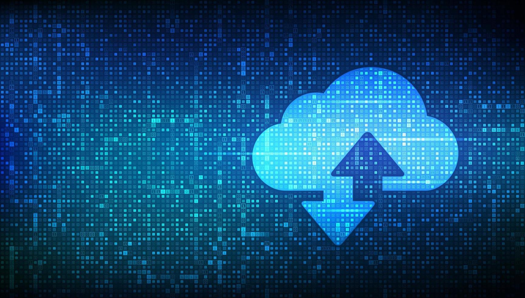 Fondo de tecnología de nube. computación en la nube. signo de almacenamiento en la nube con dos flechas hacia arriba y hacia abajo icono hecho con código binario. datos binarios digitales y transmisión de código digital. ilustración vectorial. vector