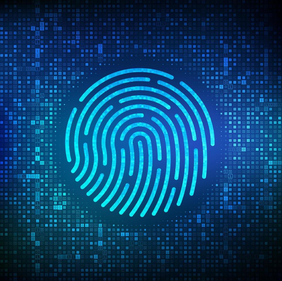 Fingerprint made with binary code. Biometrics identification and approval. Password control through fingerprints. Futuristic biometric and cyber security concept on the digital surface. Vector. EPS10. vector