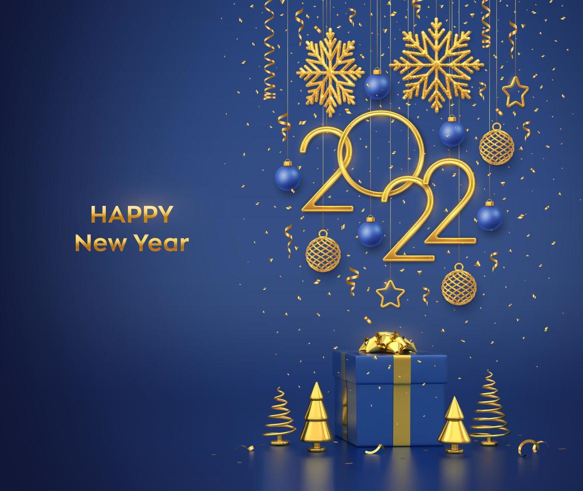 Happy New 2022 Year. Hanging golden metallic numbers 2022 with snowflakes, stars and balls on blue background. Gift box and golden metallic pine or fir, cone shape spruce trees. Vector illustration.