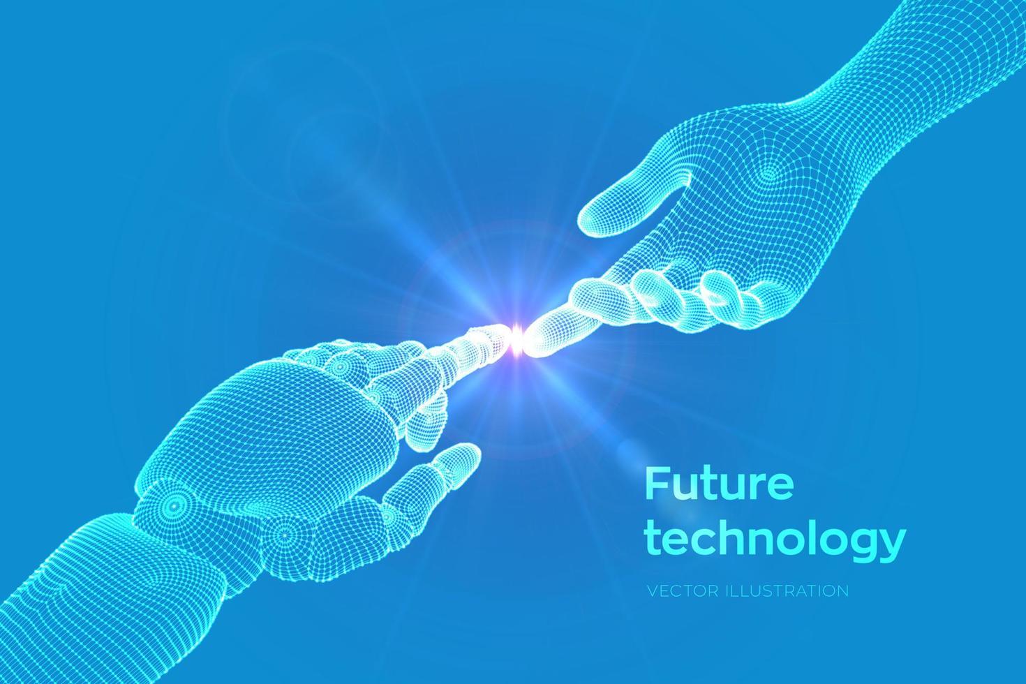 Hands of Robot and Human Touching. Cyborg finger about to touch human finger. Symbol of connection between people and artificial intelligence. Science, future technology. Vector Illustration.