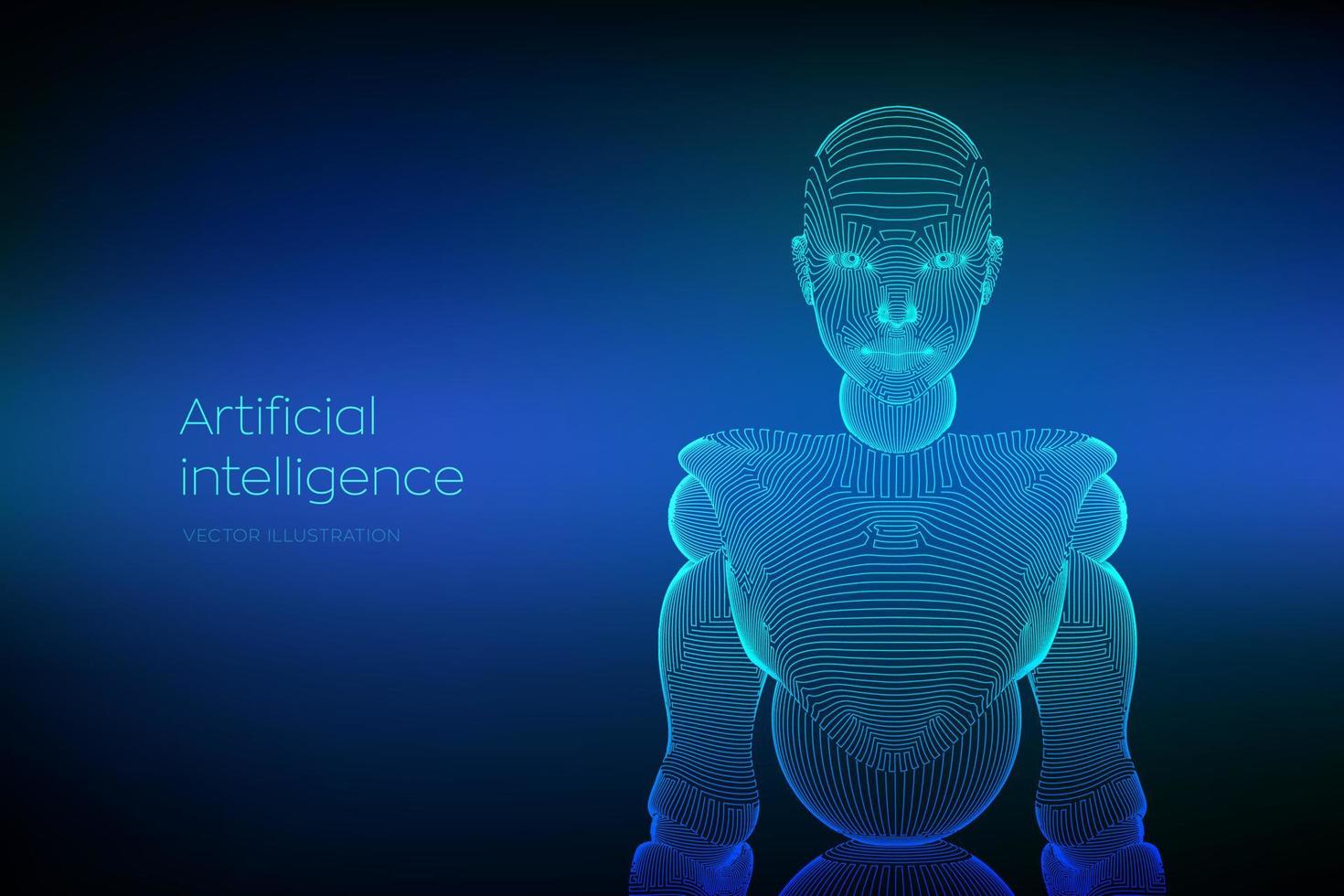 Wireframe female cyborg or robot. Abstract cyber woman. Sci-Fi cybernetic robot with AI. Machine learning and artifactial intelligence technology concept. Digital brain. Vector illustration.