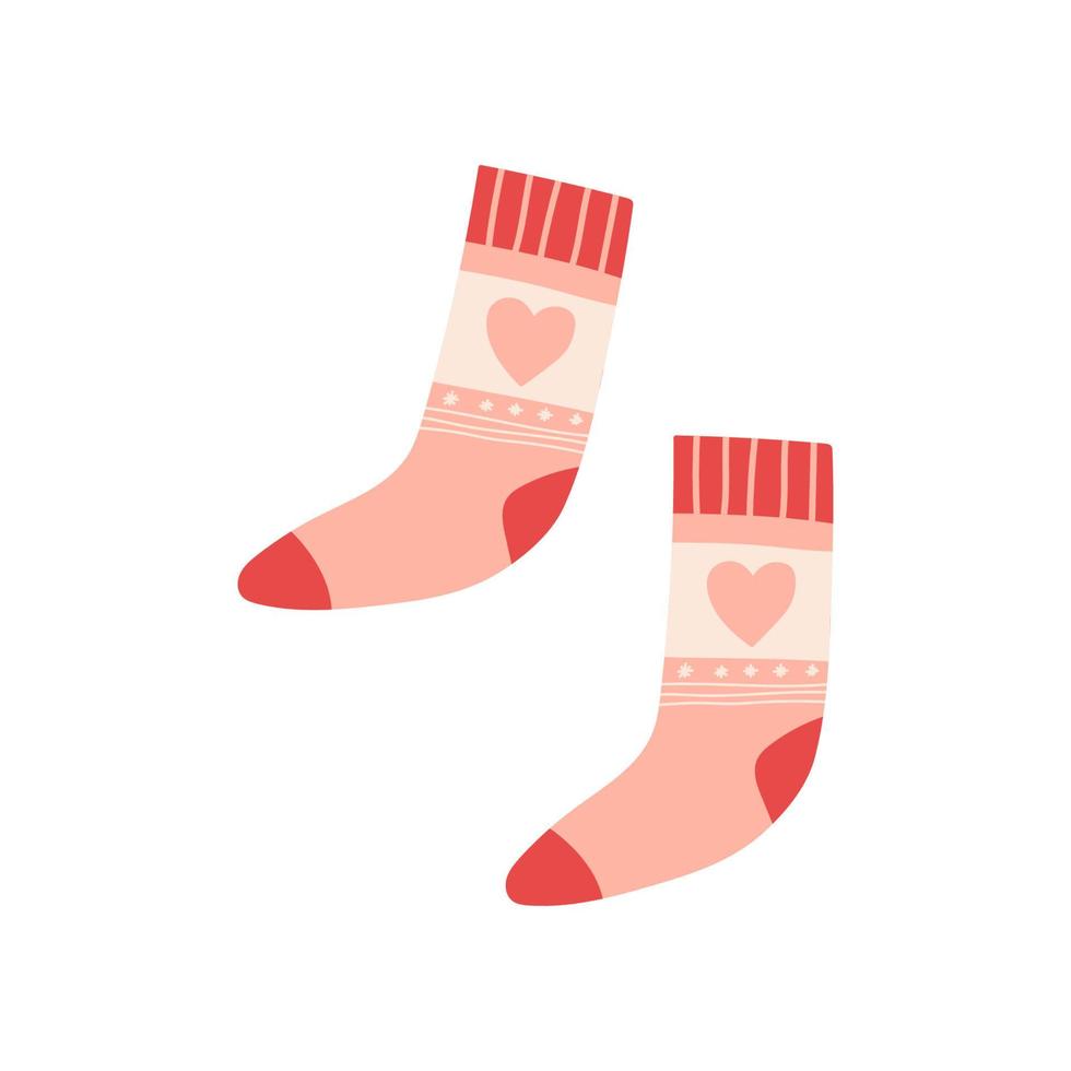 Cute socks pair with heart, flat vector illustration isolated on white background. Warm foot clothing or Christmas gift sock.