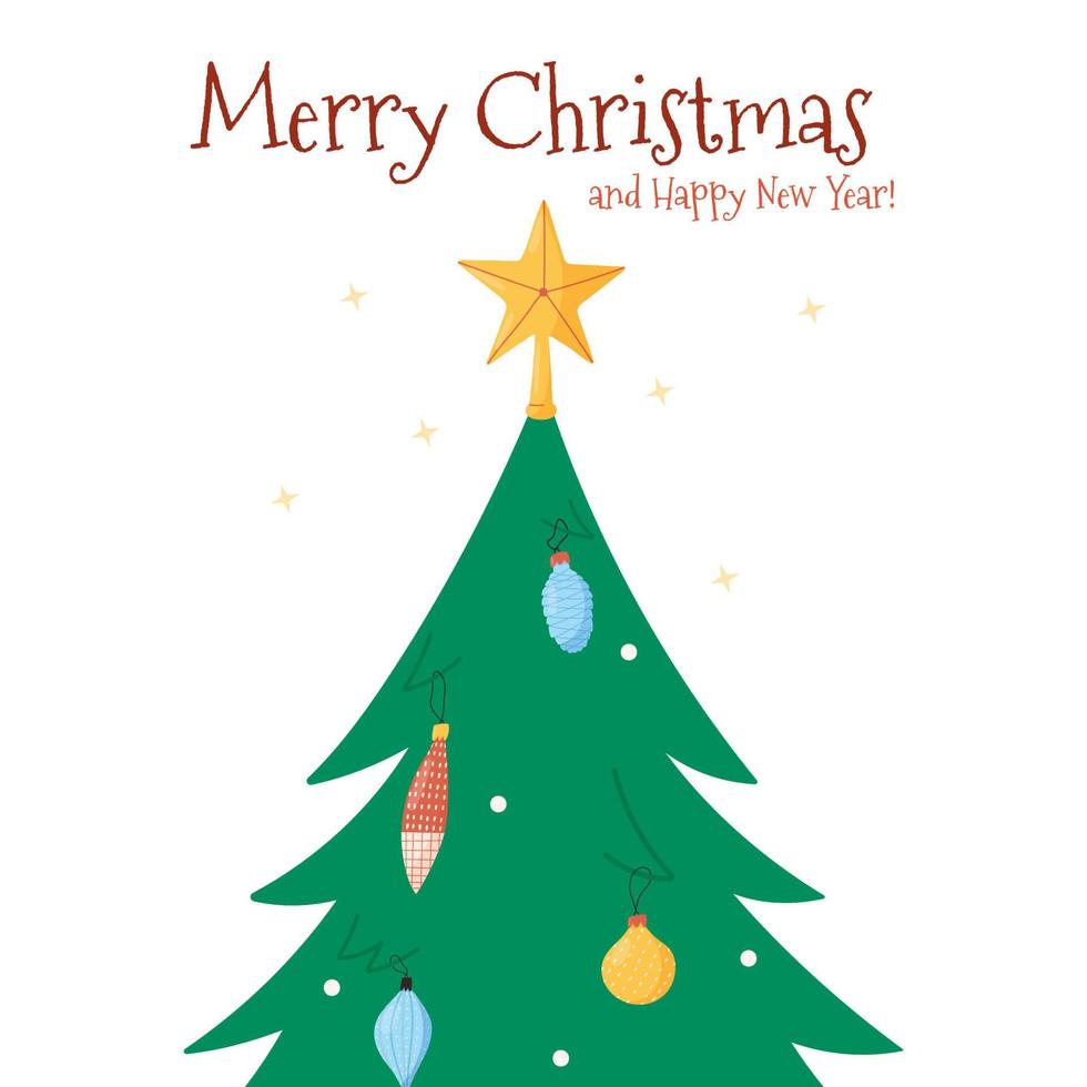 Decorated Christmas tree with glowing star, greeting card - flat vector illustration on white background. Concept of winter holidays celebration.