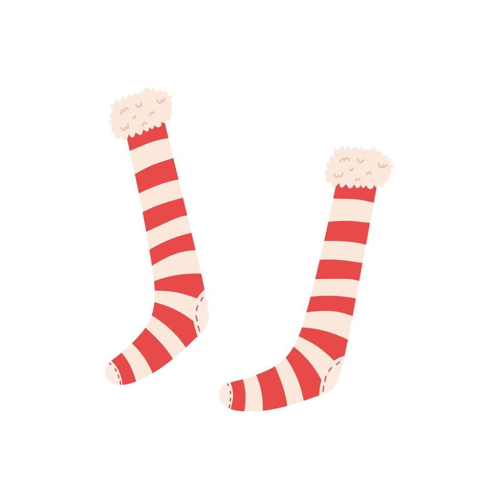 Cute Christmas elf stockings with red and white stripes, flat vector illustration isolated on white background. Warm socks for cold winter weather.