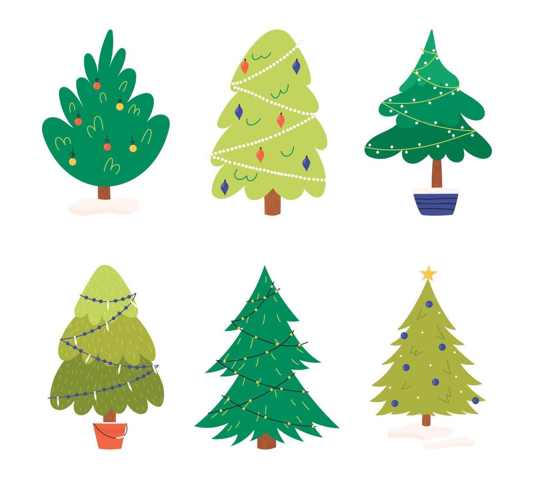 lindo árbol de Navidad decorado con luces de hadas, pelotas o juguetes - ilustración vectorial plana aislada sobre fondo blanco. decoración de vacaciones de invierno en estilo de dibujos animados dibujados a mano. vector