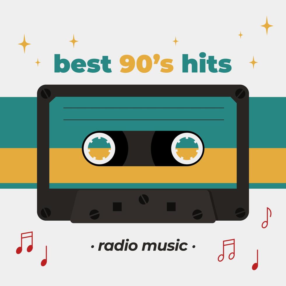 Best 90s hits poster with compact cassette image. Vector retro style illustration