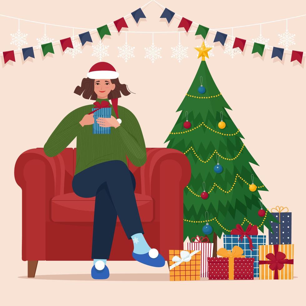 mujer sentada en una silla cerca del árbol de Navidad. ilustración vectorial en estilo plano de dibujos animados. linda tarjeta de felicitación, póster o pancarta para las vacaciones de Navidad vector