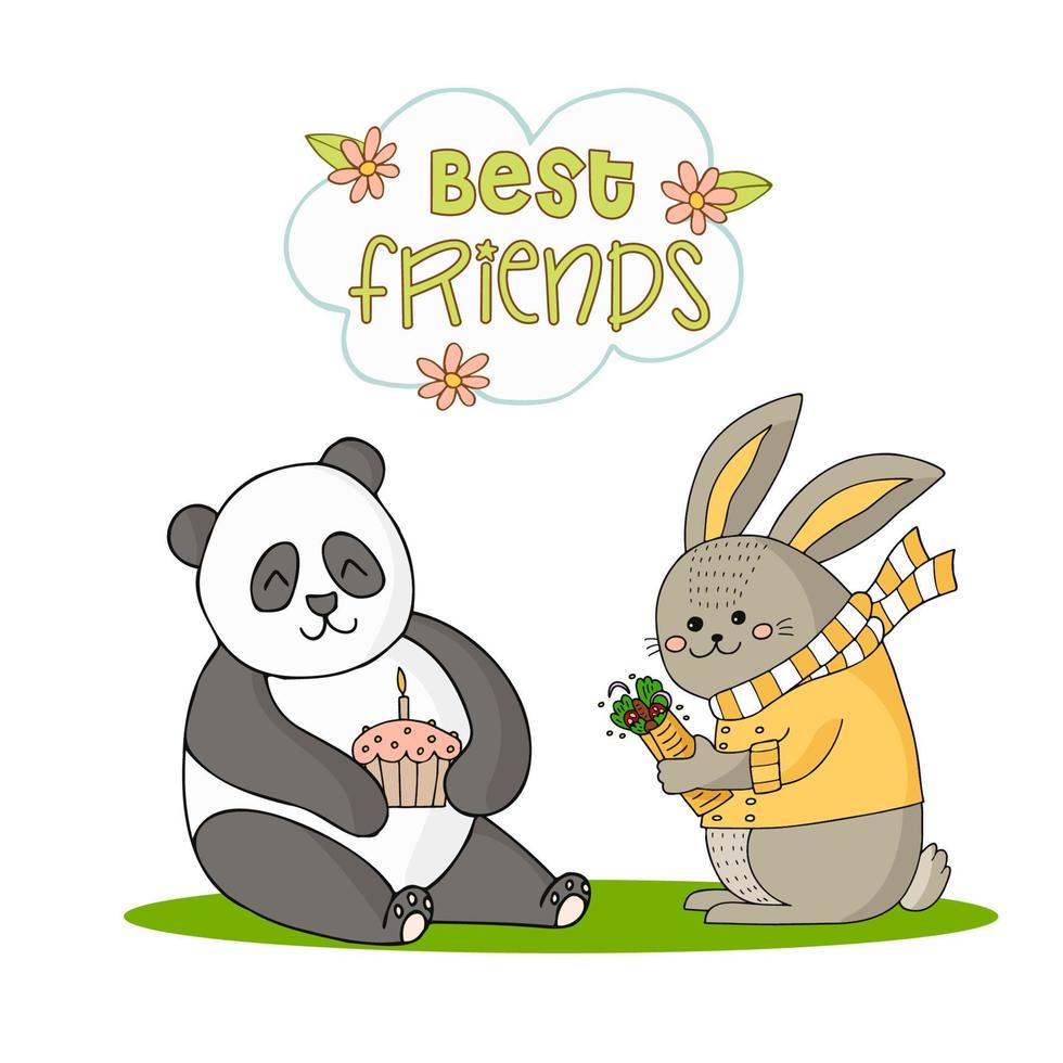 Funny bunny in a yellow jacket and striped scarf with shawarma and a panda with a cupcake. Hand-drawn doodle illustration. Best Friends. vector