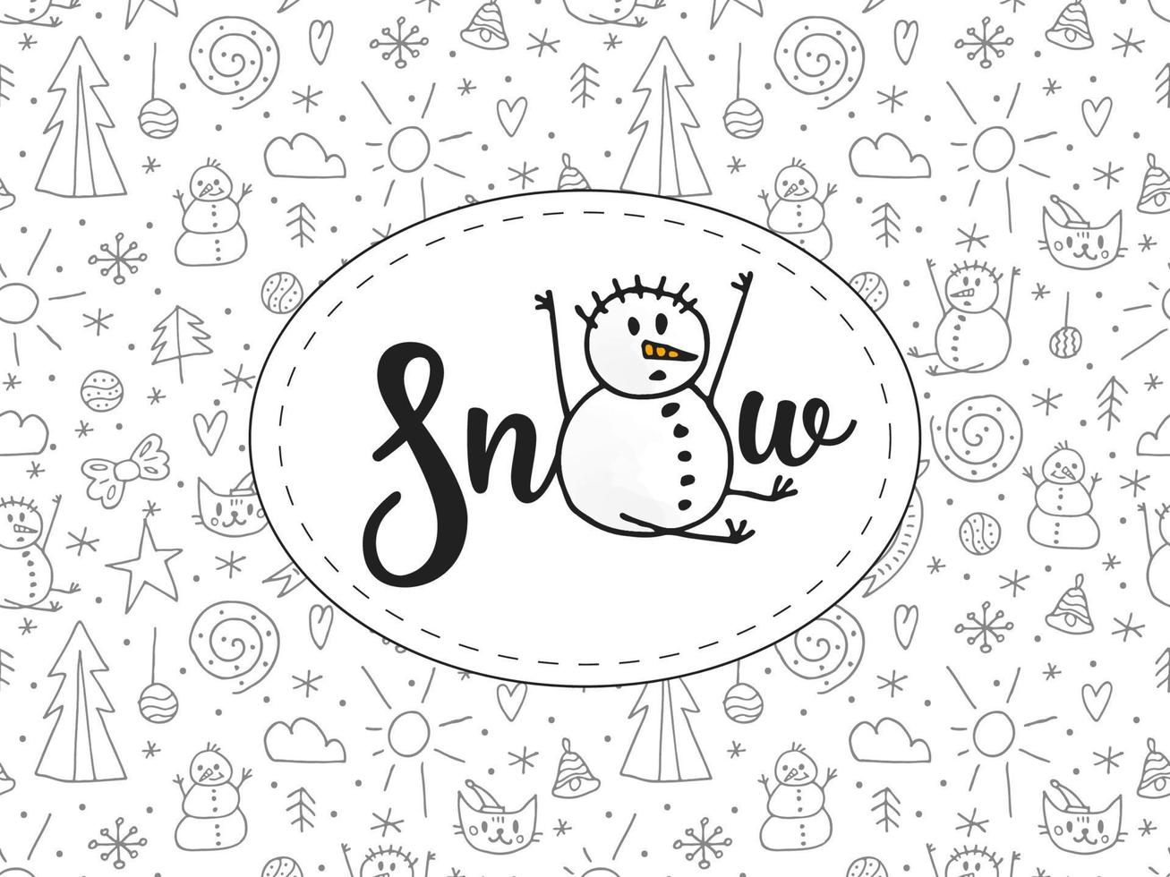 A sitting snowman in a circle. Seamless pattern of a winter elements. Winter vector illustration. New Year 2022. Merry Christmas. Hand drawn doodle style.