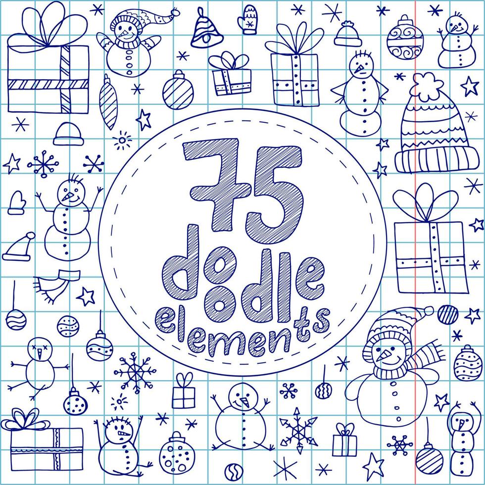 conjunto de elementos de doodle de invierno. objetos dibujados a mano con un lugar para el texto en forma de círculo. feliz navidad y próspero año nuevo 2022. boceto con un bolígrafo azul en un cuaderno a cuadros. vector