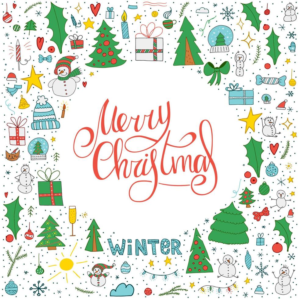 Set of winter doodle elements. Colorful hand-drawn objects with handwritten lettering on a white background. Merry Christmas and Happy New Year 2022. vector