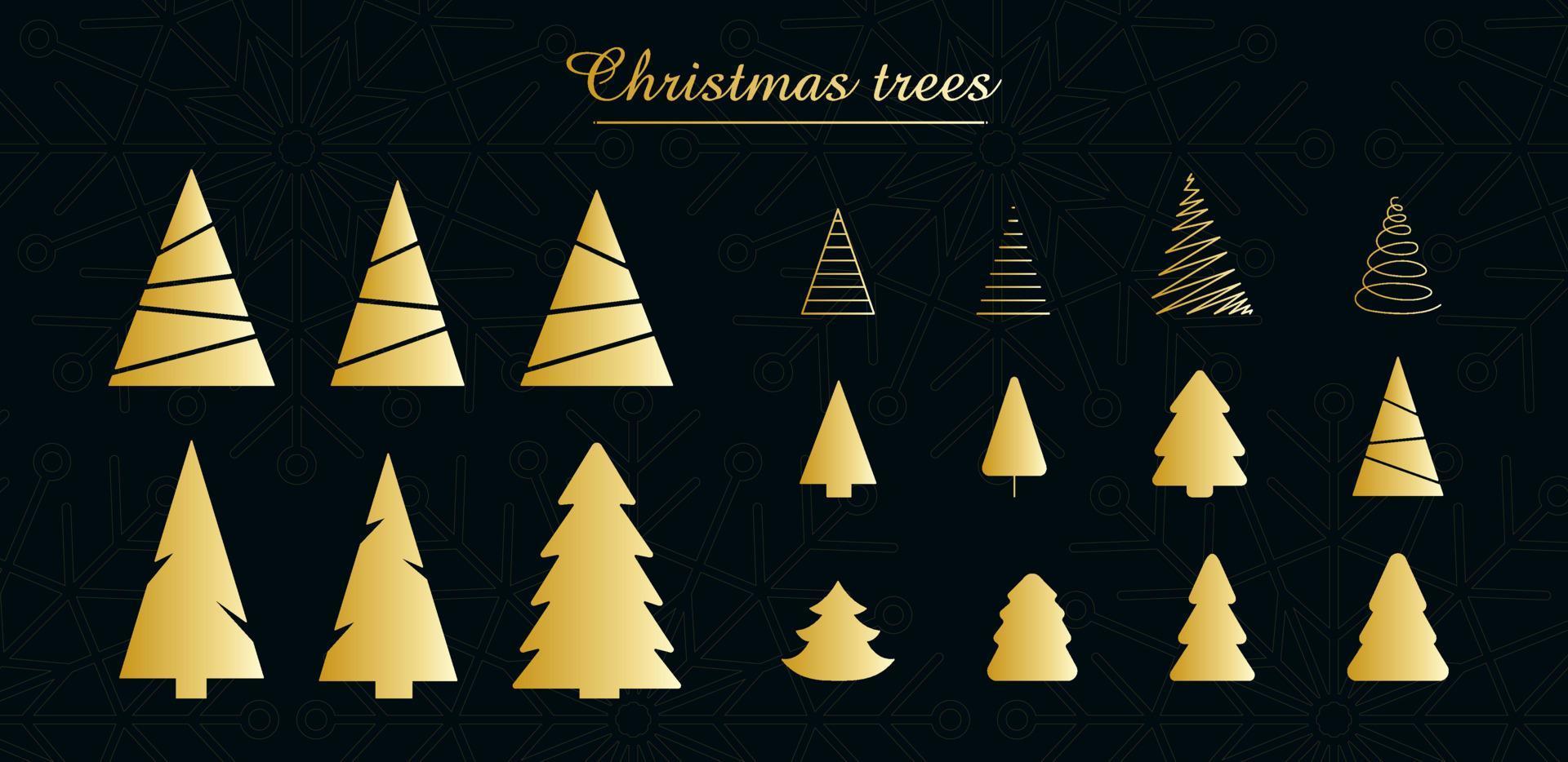 Christmas Trees - set of 18 golden icons. Merry Christmas and Happy New Year 2022. Vector illustration.