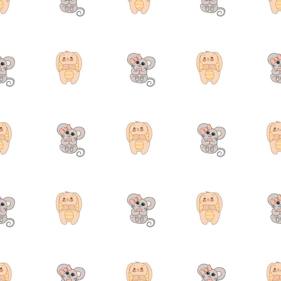 Hand drawn cute animals. Seamless pattern. Bunny with striped ears and a belly, Mouse with a pink bow and a heart. Best Friends. White background. Vector. vector