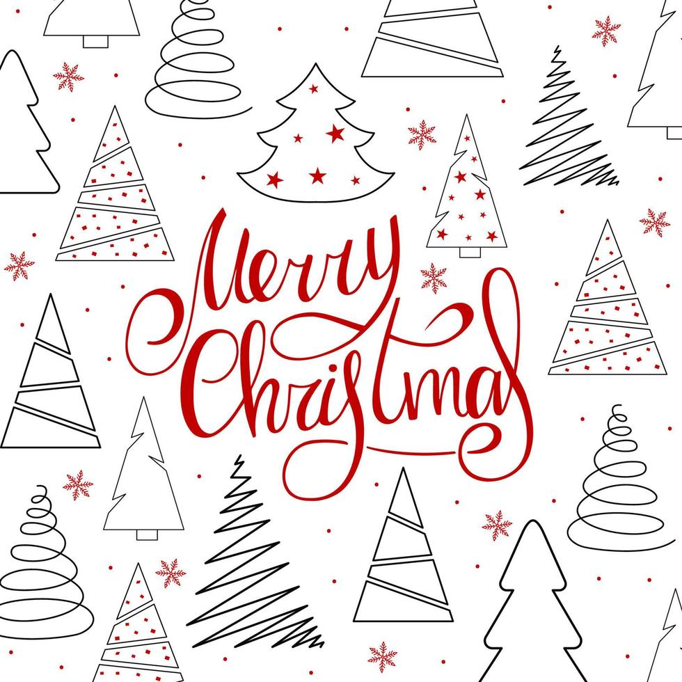 Feliz Navidad. letras rojas escritas a mano con árboles de navidad y copos de nieve sobre un fondo blanco. año nuevo 2022. vector