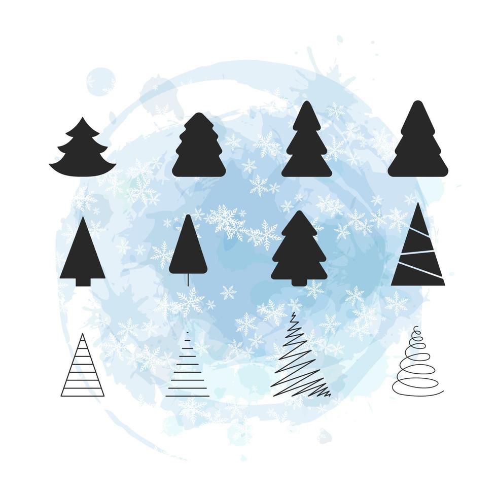 Christmas Trees - set of 12 black icons. Merry Christmas and Happy New Year 2022. Vector illustration.