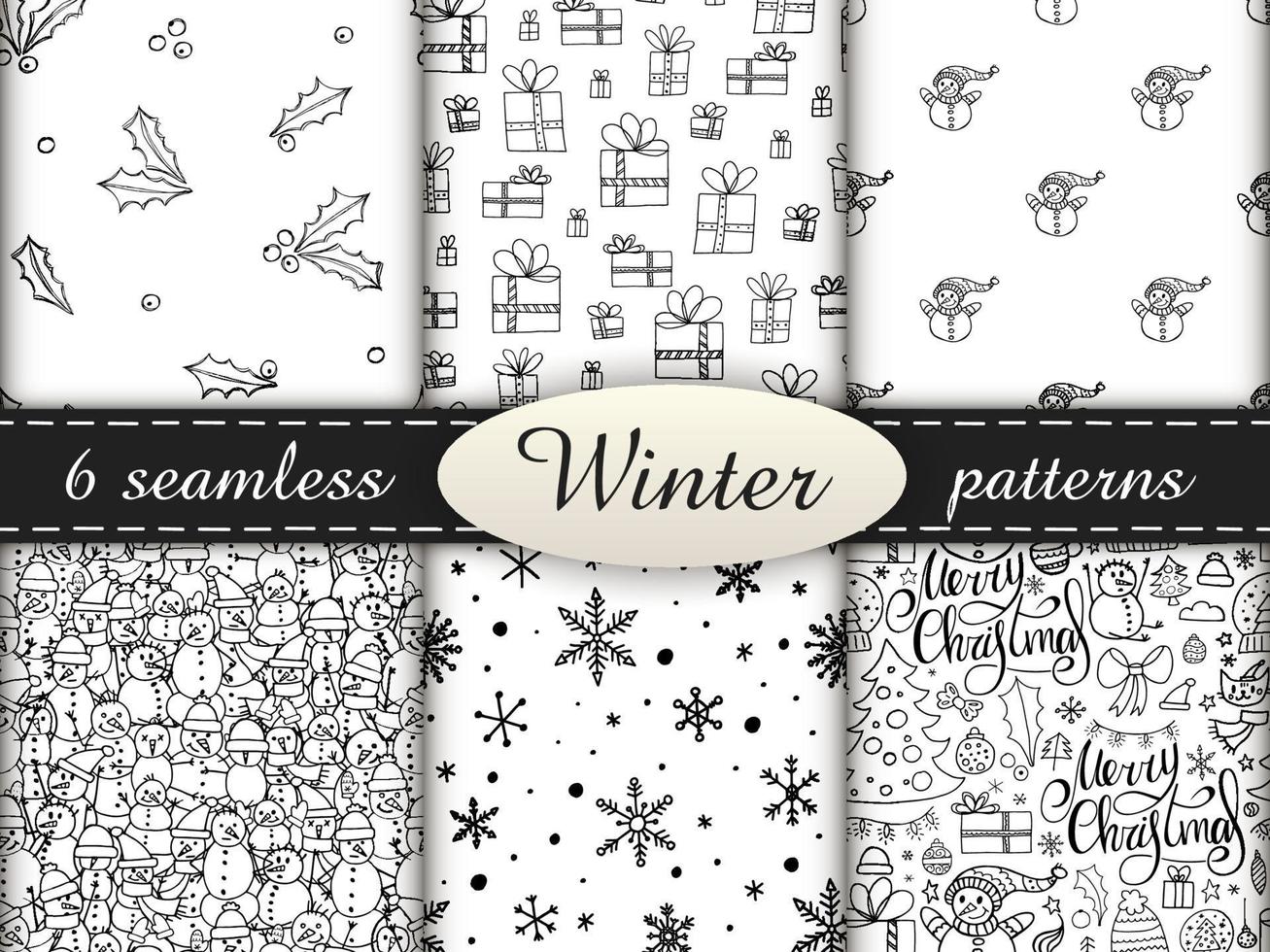 6 seamless patterns in doodle style. Winter endless illustration is hand-drawn. Happy New Year 2022 and Merry Christmas. Black and white elements on a white background. vector