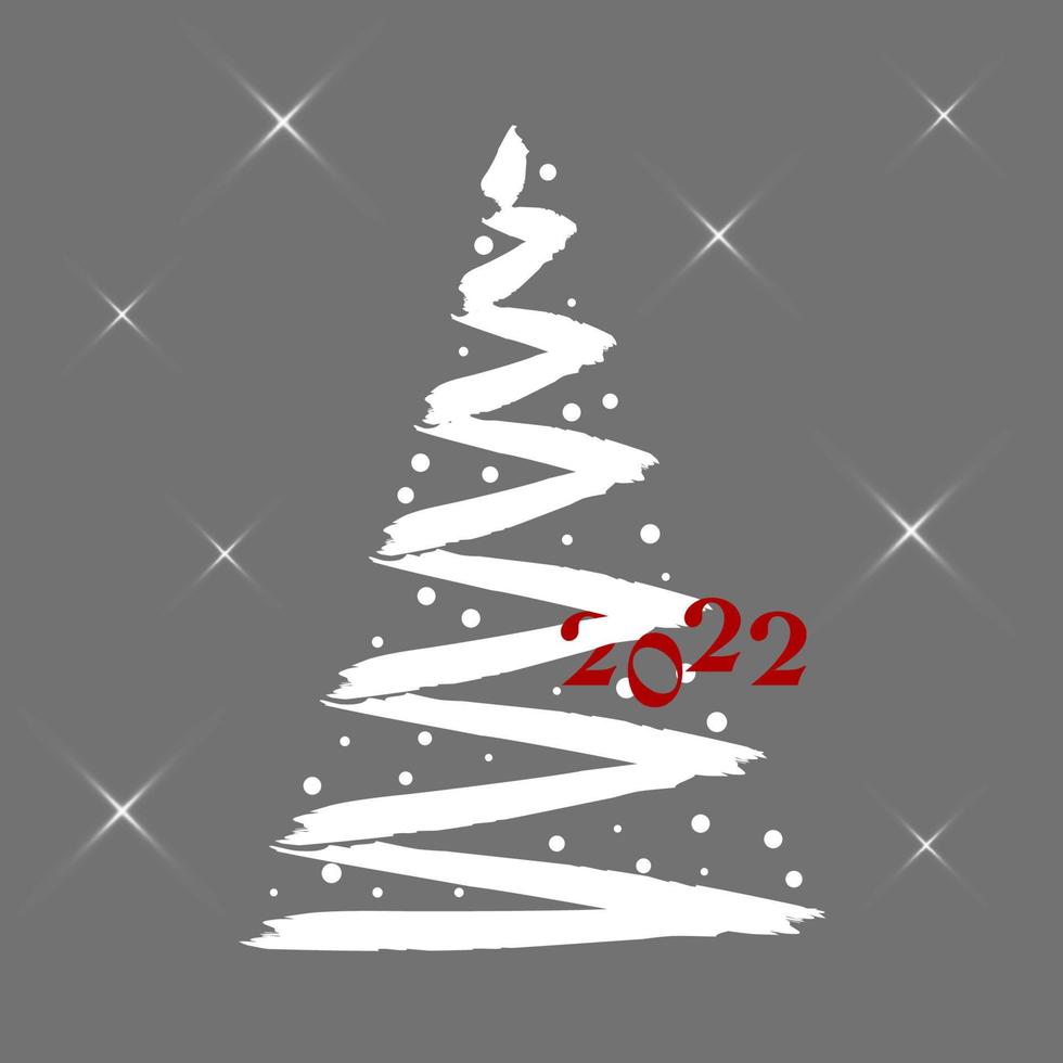 Magic white Christmas tree made of brush strokes with snowflakes and red numbers on a gray background with sparkling stars. Merry Christmas and Happy New Year 2022. Vector illustration.