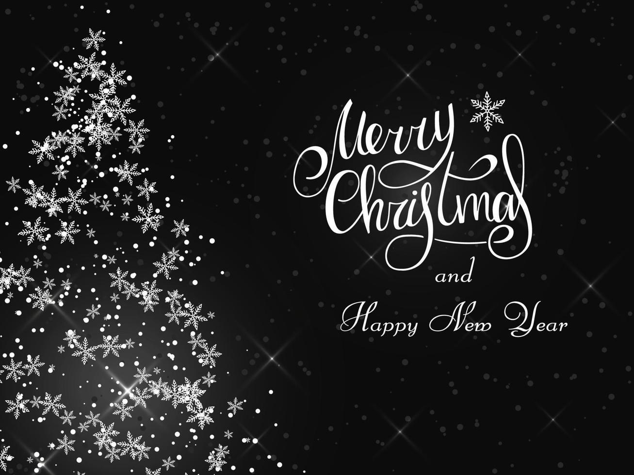 Handwritten white lettering on a dark graybackground. Magic white lush Christmas tree of snowflakes and snowstorms. Merry Christmas and Happy New Year 2022. vector