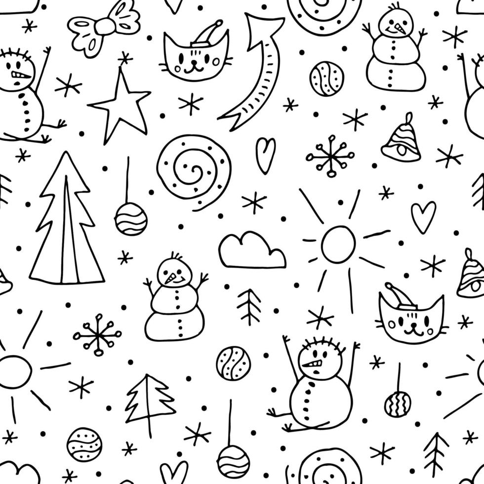 patrón sin fisuras de elementos de doodle. invierno 2022. objetos de invierno dibujados a mano sobre un fondo blanco. vector