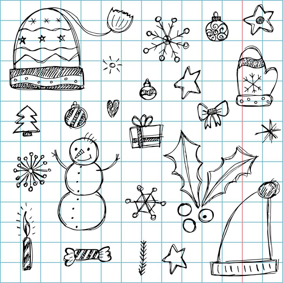 A set of winter elements in the doodle style. A hand-drawn illustration on the background of a checkered notebook. Happy New Year 2022. Merry Christmas. vector