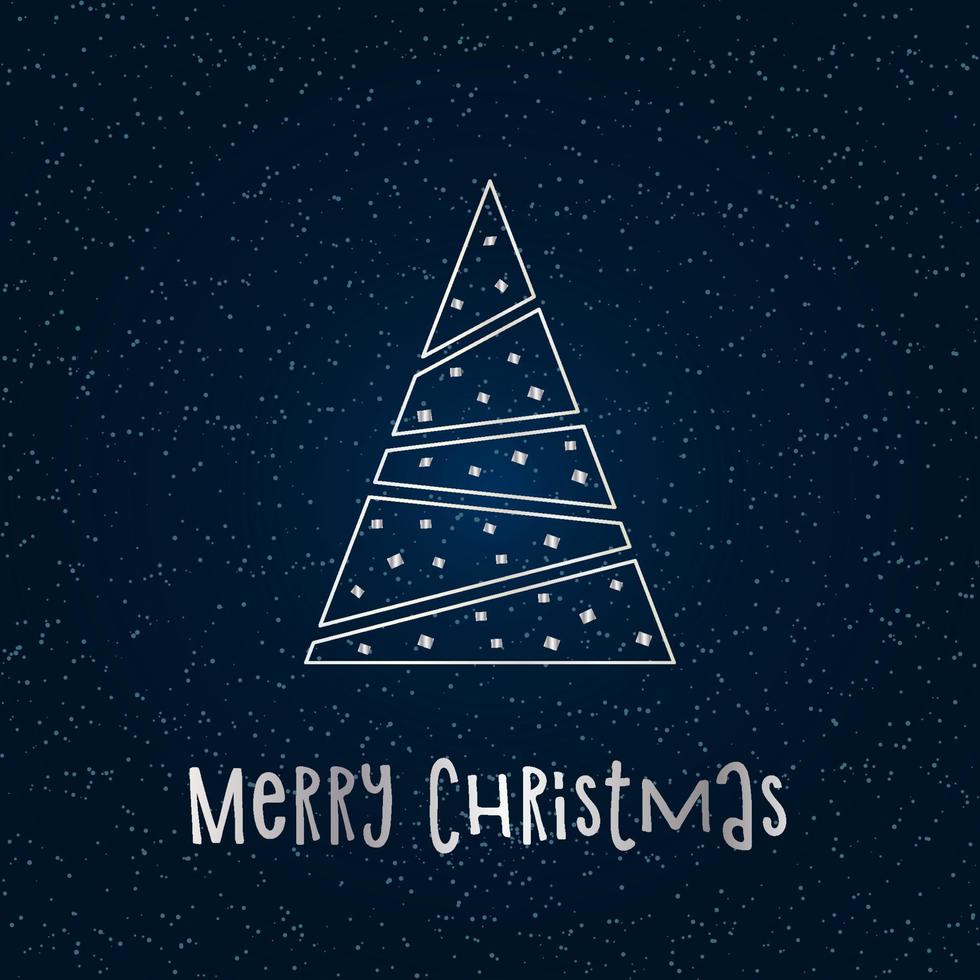 Silver silhouette of a Christmas tree with snow on a dark blue background. Merry Christmas and Happy New Year 2022. Vector illustration.