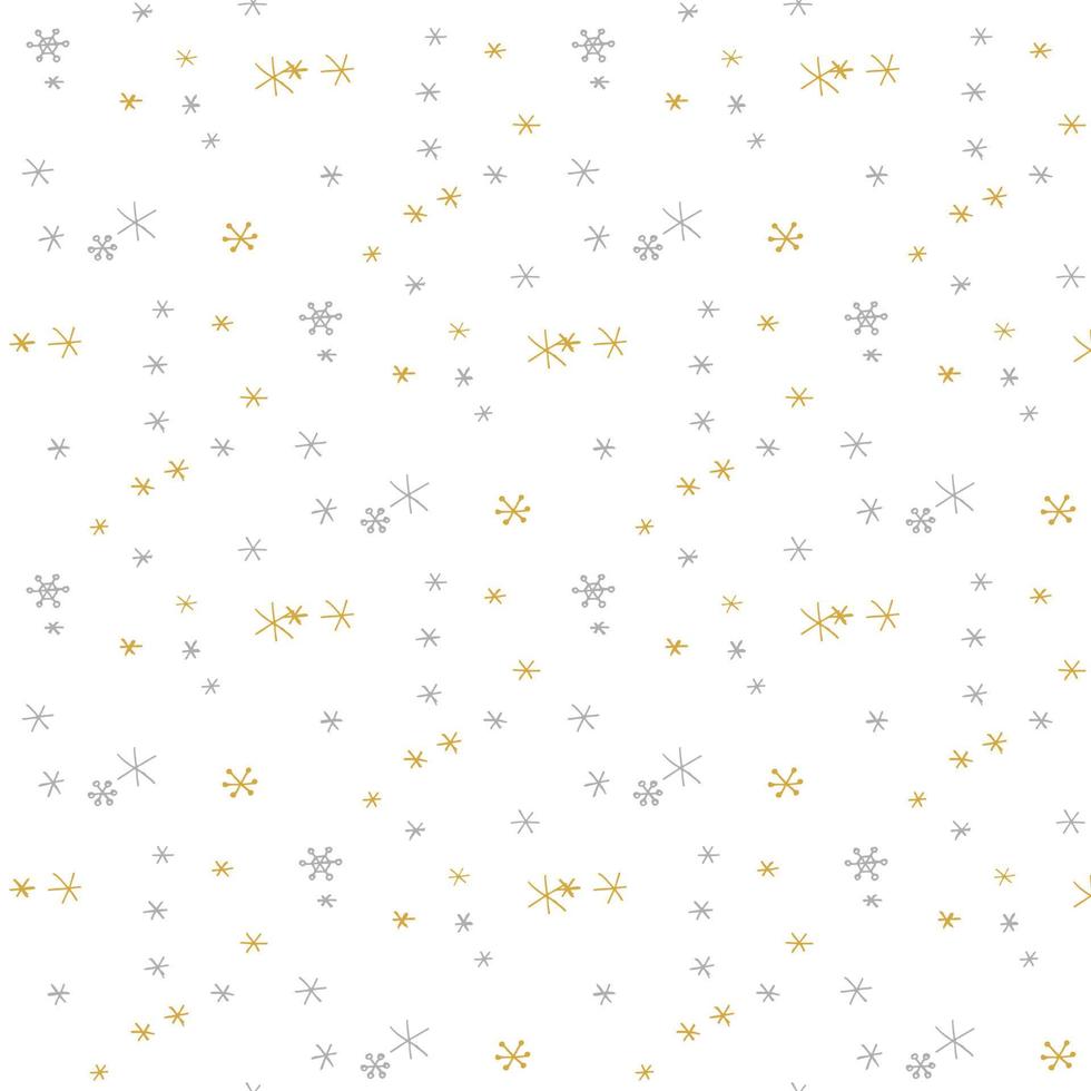 Seamless pattern in doodle style. Winter endless illustration is hand-drawn. Happy New Year 2022 and Merry Christmas. Gold and silver snowflakes on a white background. vector