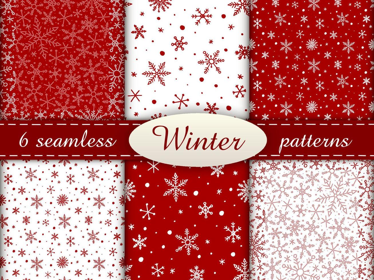 Set of 6 simple seamless patterns. Colored winter endless backgrounds with snowflakes. Red and white. vector