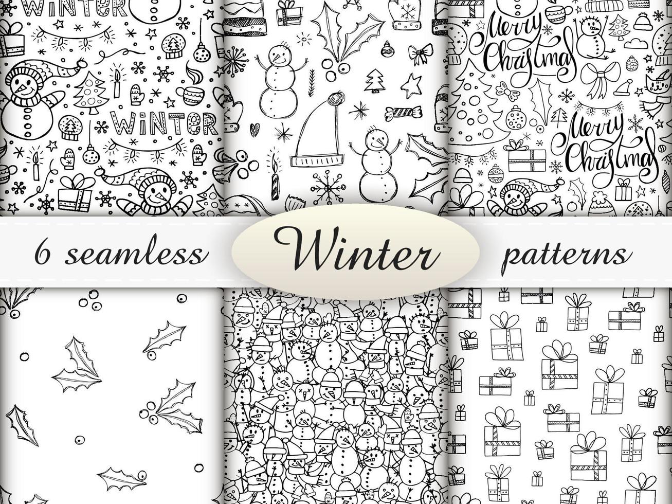 6 seamless patterns in doodle style. Winter endless illustration is hand-drawn. Happy New Year 2022 and Merry Christmas. Black and white elements on a white background. vector