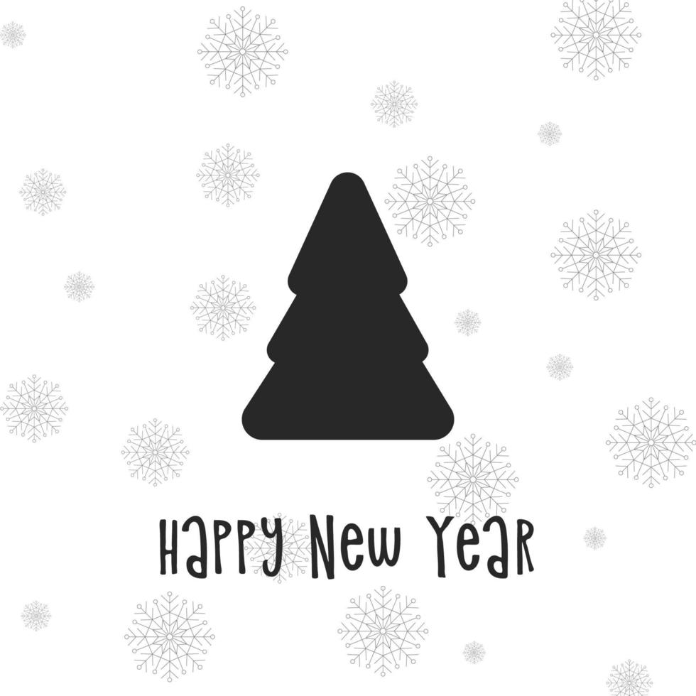Black silhouette of a Christmas tree with snowflakes. Merry Christmas and Happy New Year 2022. Vector illustration.