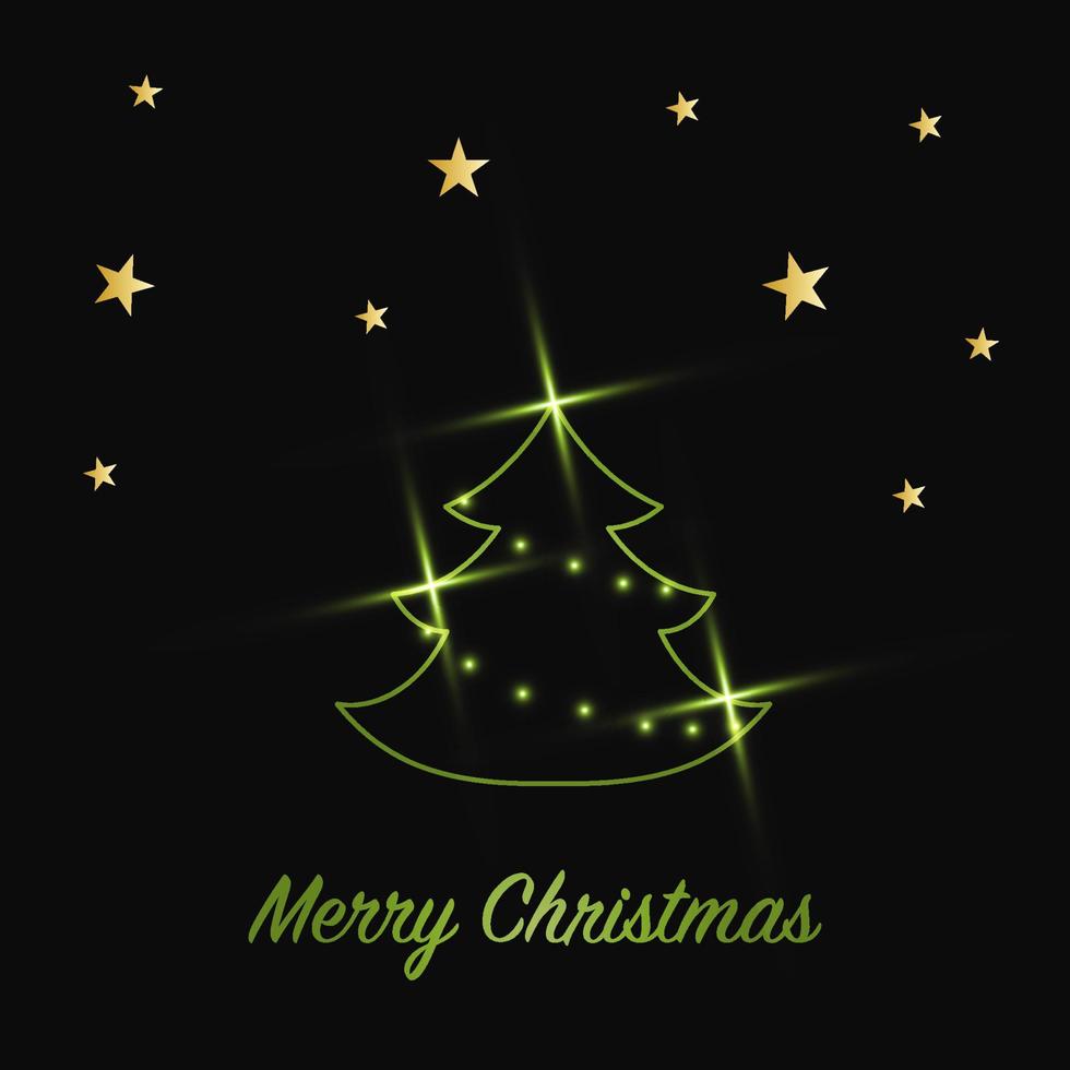 Sparkling Christmas Tree with shiny dust. Green Metallic outline icon on a dark background. Merry Christmas and Happy New Year 2022. Vector illustration.