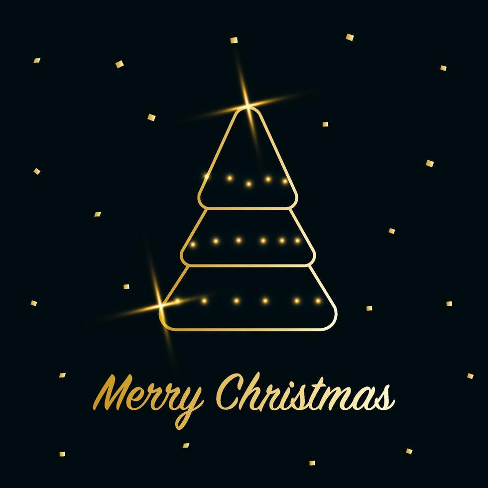 Sparkling Christmas Tree with shiny dust. Golden metallic outline icon on a dark blue background. Merry Christmas and Happy New Year 2022. Golden Metallic. Vector illustration.