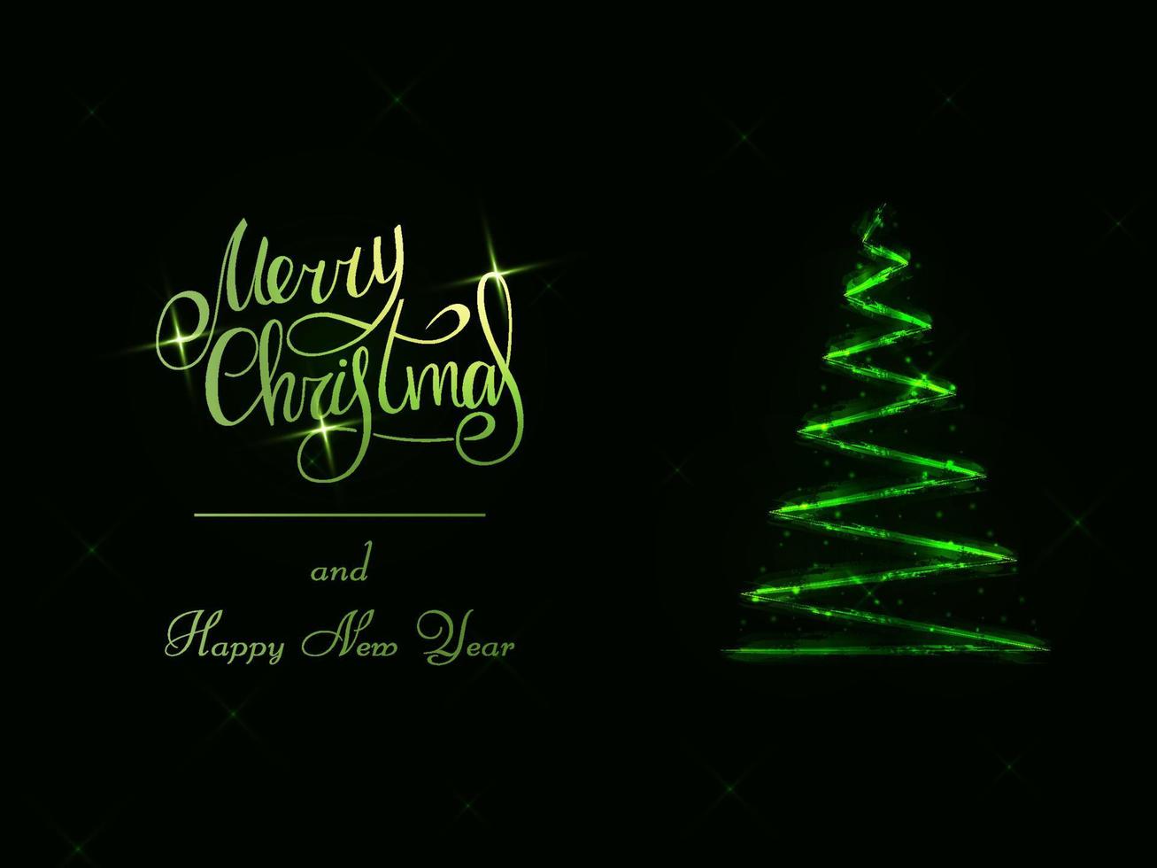 Handwritten green lettering on a dark background. Magic green glowing Christmas tree. Merry Christmas and Happy New Year 2022. vector