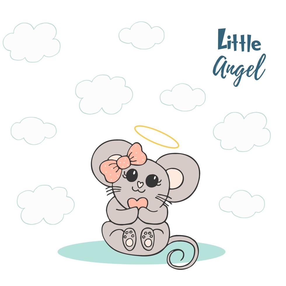 Hand drawn cute animals with lettering. A mouse with a pink bow and a heart. Little angel. White background. Vector. vector