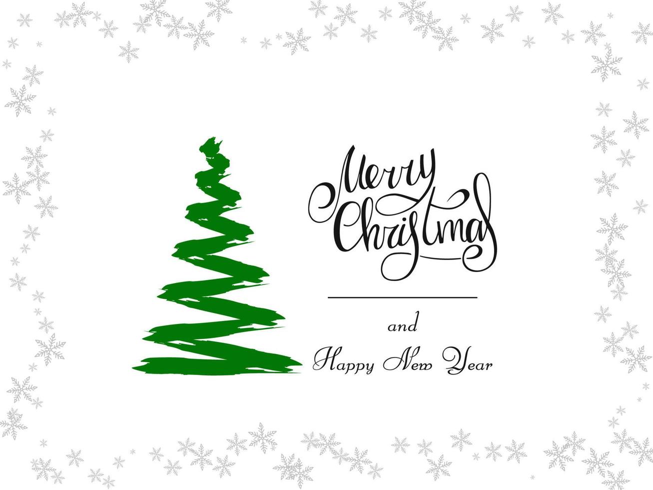 Handwritten black lettering on a white background. Magic green Christmas tree made of brush strokes with gray snowflakes. Merry Christmas and Happy New Year 2022. vector