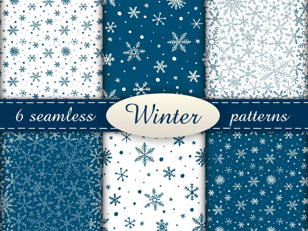 Set of 6 simple seamless patterns. Colored winter endless backgrounds with snowflakes. Blue and white. vector