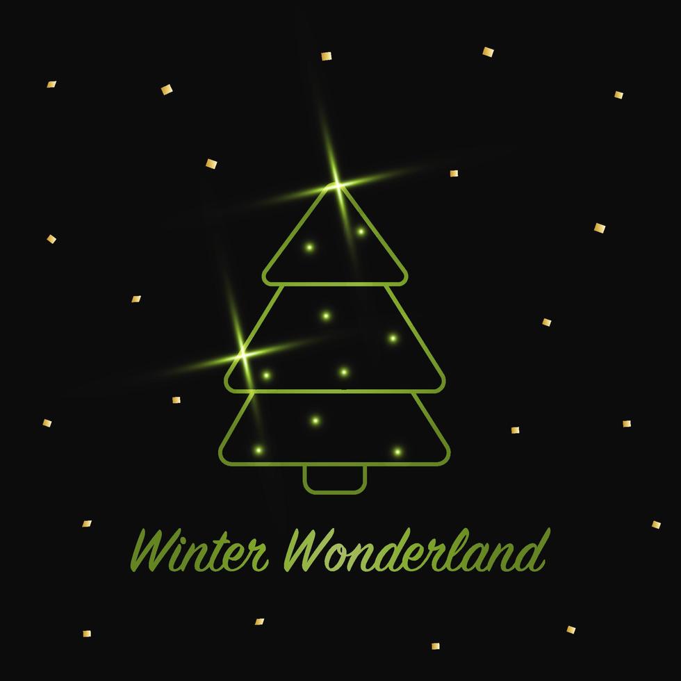 Sparkling Christmas Tree with shiny dust. Green Metallic outline icon on a dark background. Merry Christmas and Happy New Year 2022. Vector illustration. Winter Wonderland.