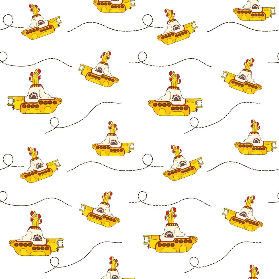 Yellow submarine with dotted lines. The Beatles. Seamless pattern. A hand-drawn doodle-style illustration. vector
