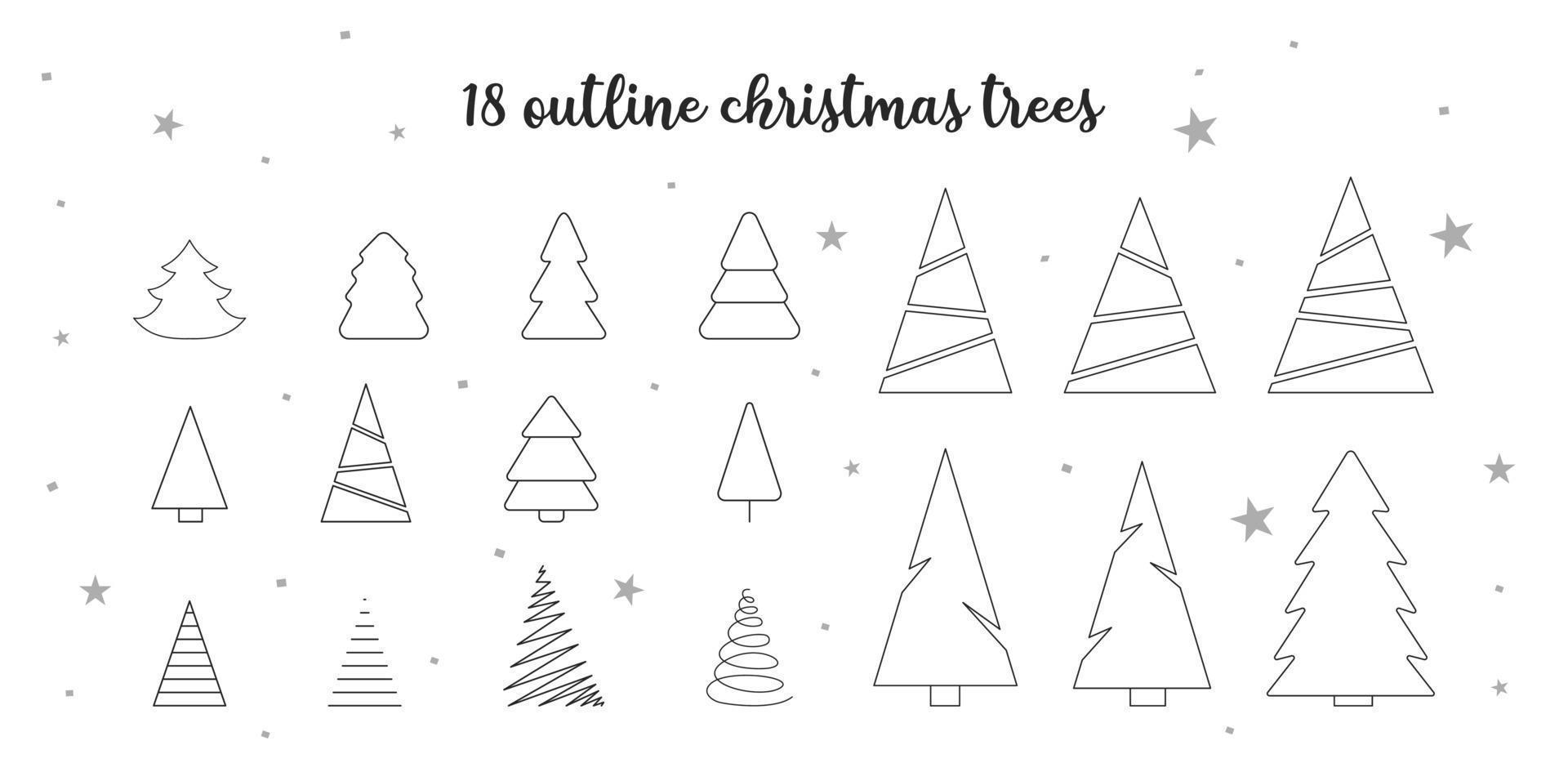 Christmas Trees - set of 18 black outline icons. Merry Christmas and Happy New Year 2022. Vector illustration.