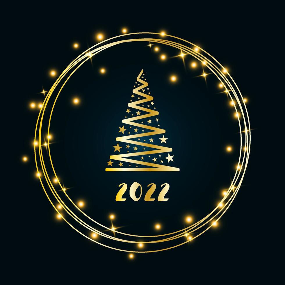 Magic golden Christmas tree with stars with a bright glowing gold ring on a dark blue background. Merry Christmas and Happy New Year 2022. Vector illustration.