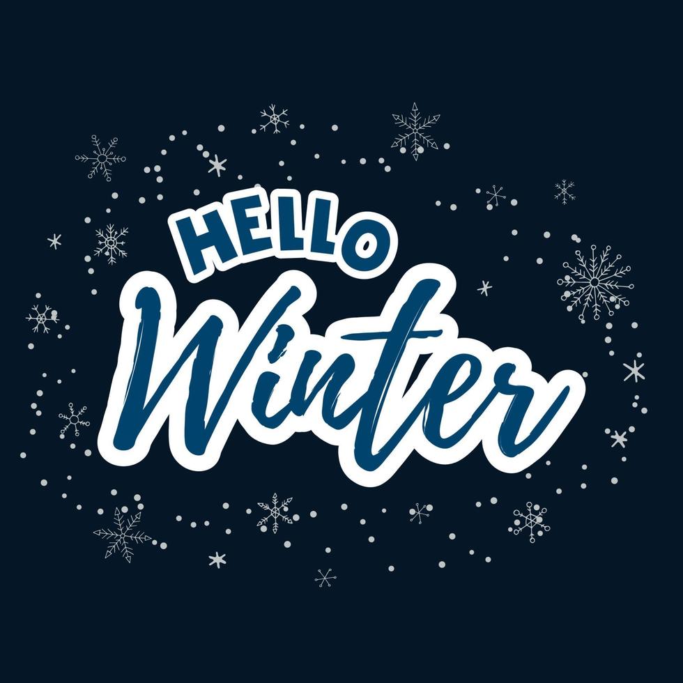 Hello Winter 2022. Lettering with snowflakes. Winter vector illustration.