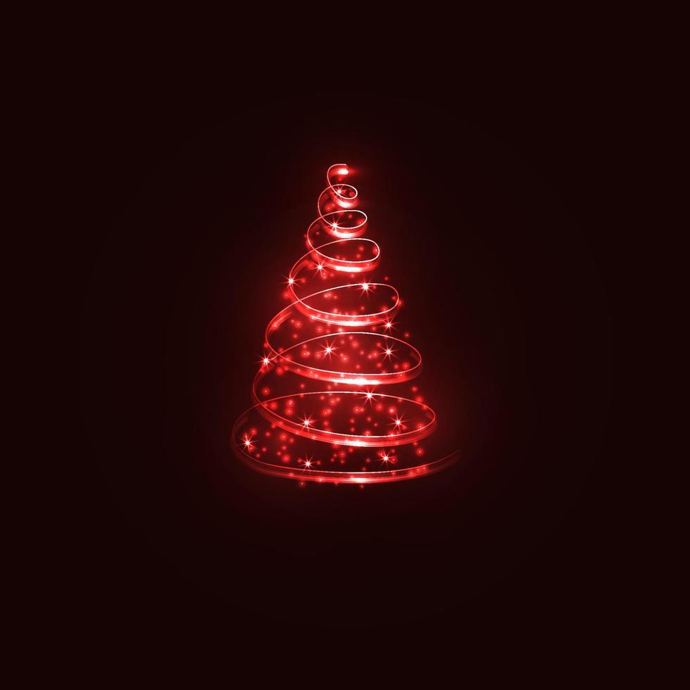 Glowing Magic Christmas Tree. Red twinkling wonderful lights. Merry Christmas and Happy New Year 2022. Vector illustration.