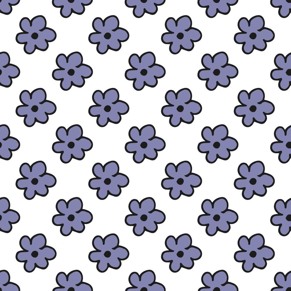 Seamless pattern. Doodle style hand drawn. Nature elements. Vector illustration. Violet flowers on a white background.
