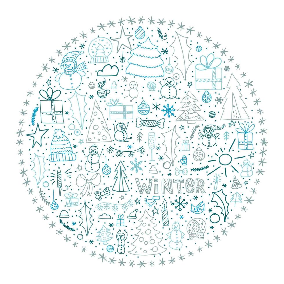 Set of winter doodle elements. Blue hand-drawn objects in the form of a circle on a white background. Merry Christmas and Happy New Year 2022. vector