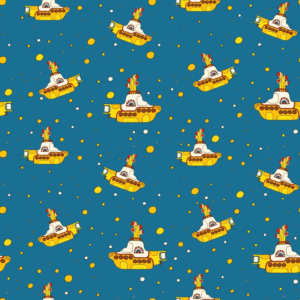 Yellow submarine with bubbles. The Beatles. Seamless pattern. A hand-drawn doodle-style illustration. vector