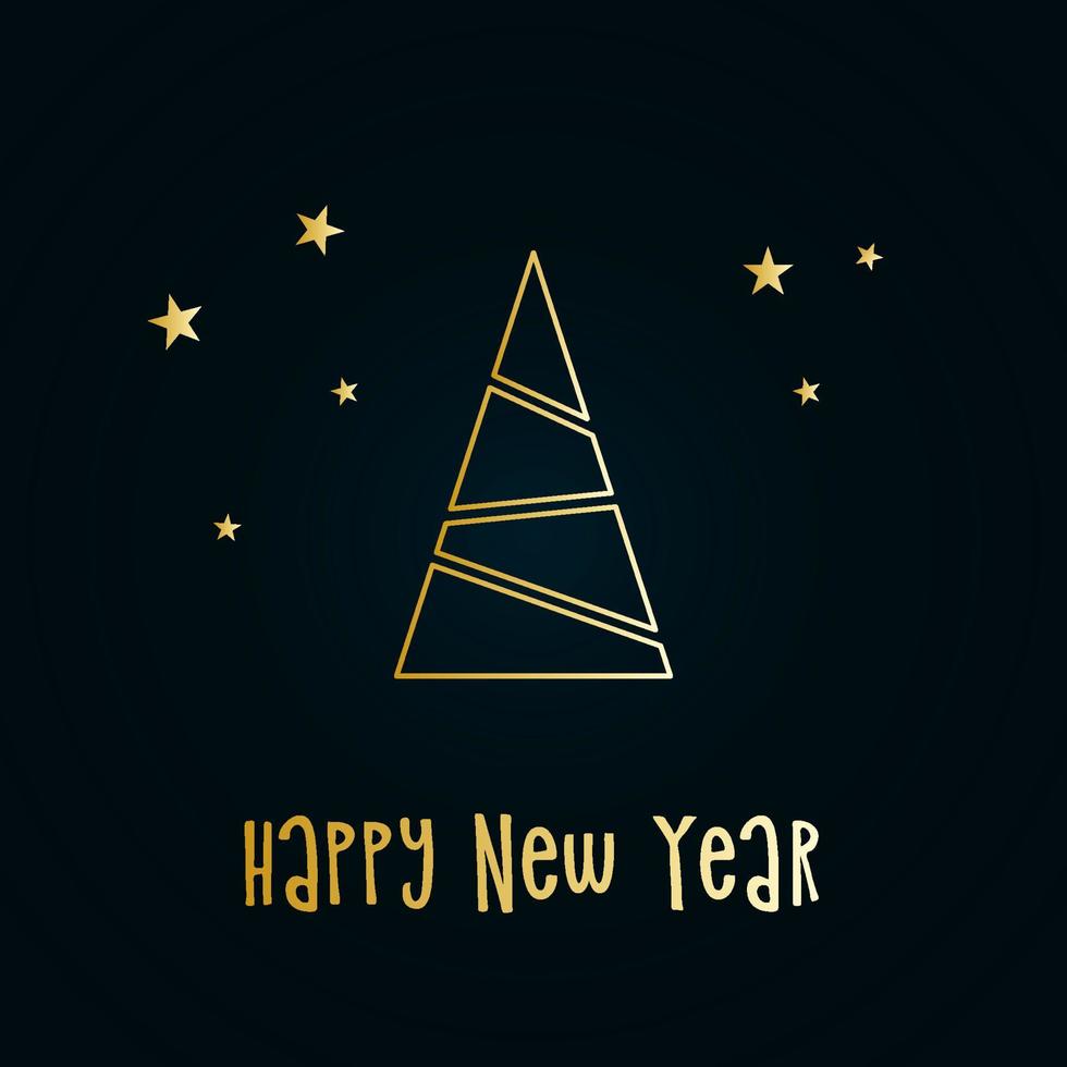Golden silhouette of a Christmas tree with snow and stars on a dark blue background. Merry Christmas and Happy New Year 2022. Vector illustration.