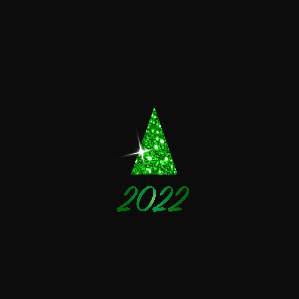 Sparkling Christmas Tree. Green Metallic glitter icon on a dark background. Merry Christmas and Happy New Year 2022. Vector illustration.