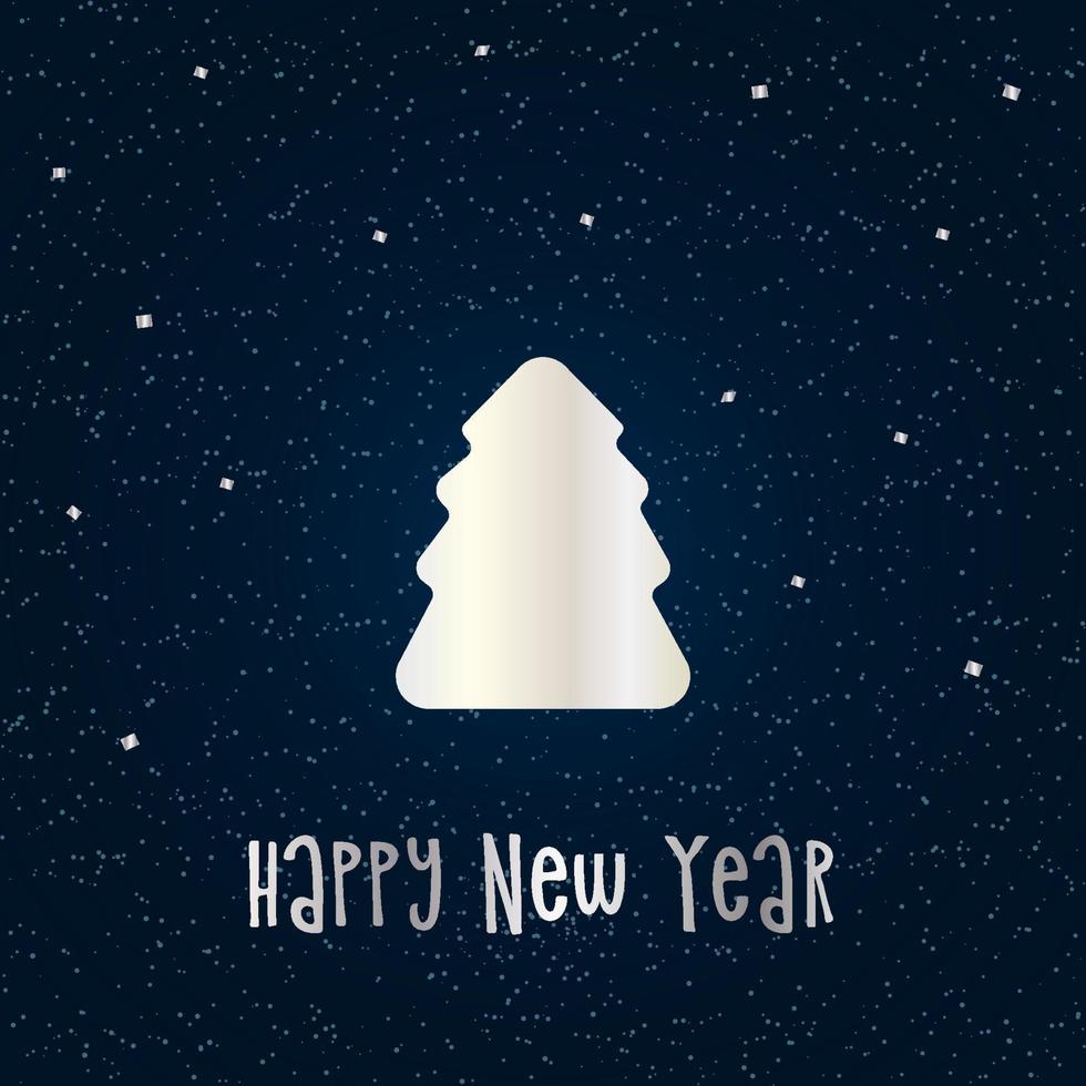 Silver silhouette of a Christmas tree with snow on a dark blue background. Merry Christmas and Happy New Year 2022. Vector illustration.