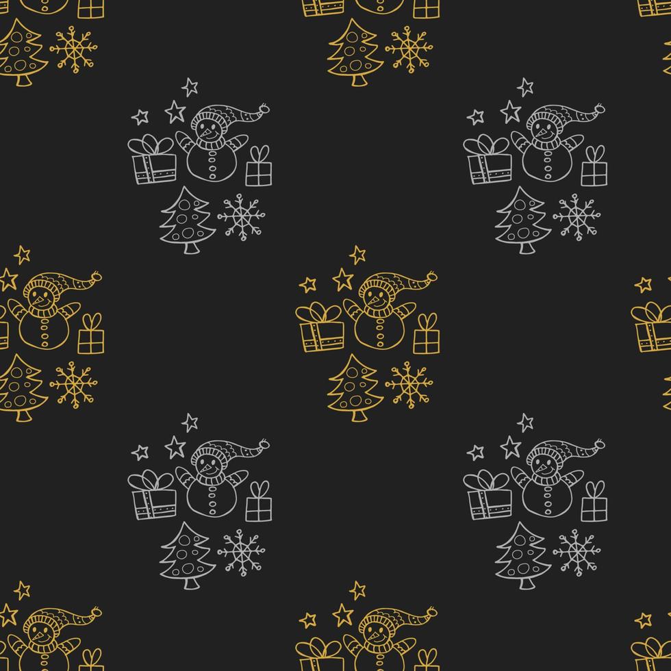 Seamless pattern in doodle style. Winter endless illustration is hand-drawn. Happy New Year 2022 and Merry Christmas. Gold and silver elements. A snowman with gifts, a Christmas tree and stars. vector