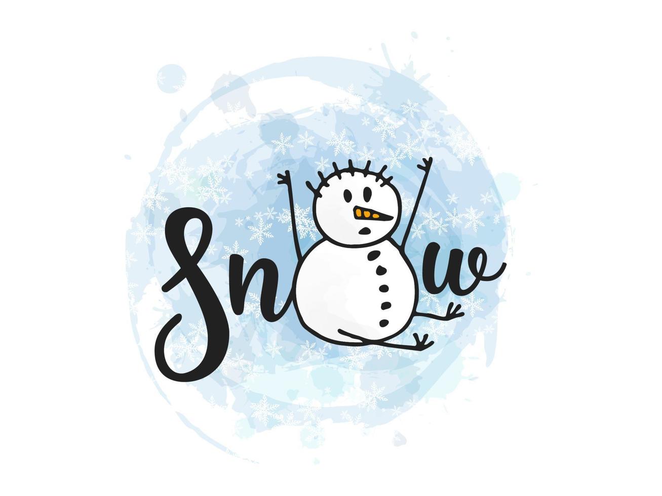 A sitting snowman catches falling snowflakes on a blue watercolor background. Winter vector illustration. New Year 2022. Merry Christmas. Hand drawn doodle style.